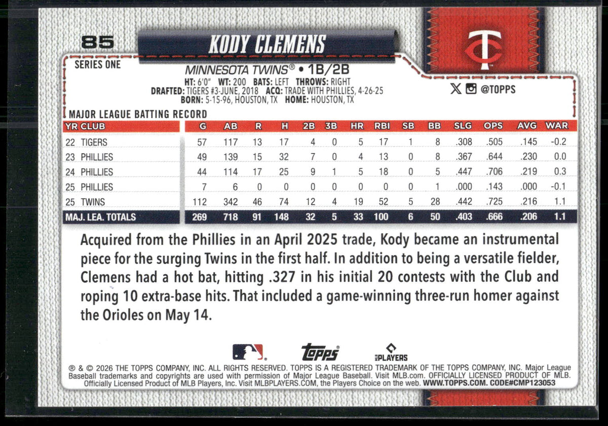 2026 Topps #85 Kody Clemens