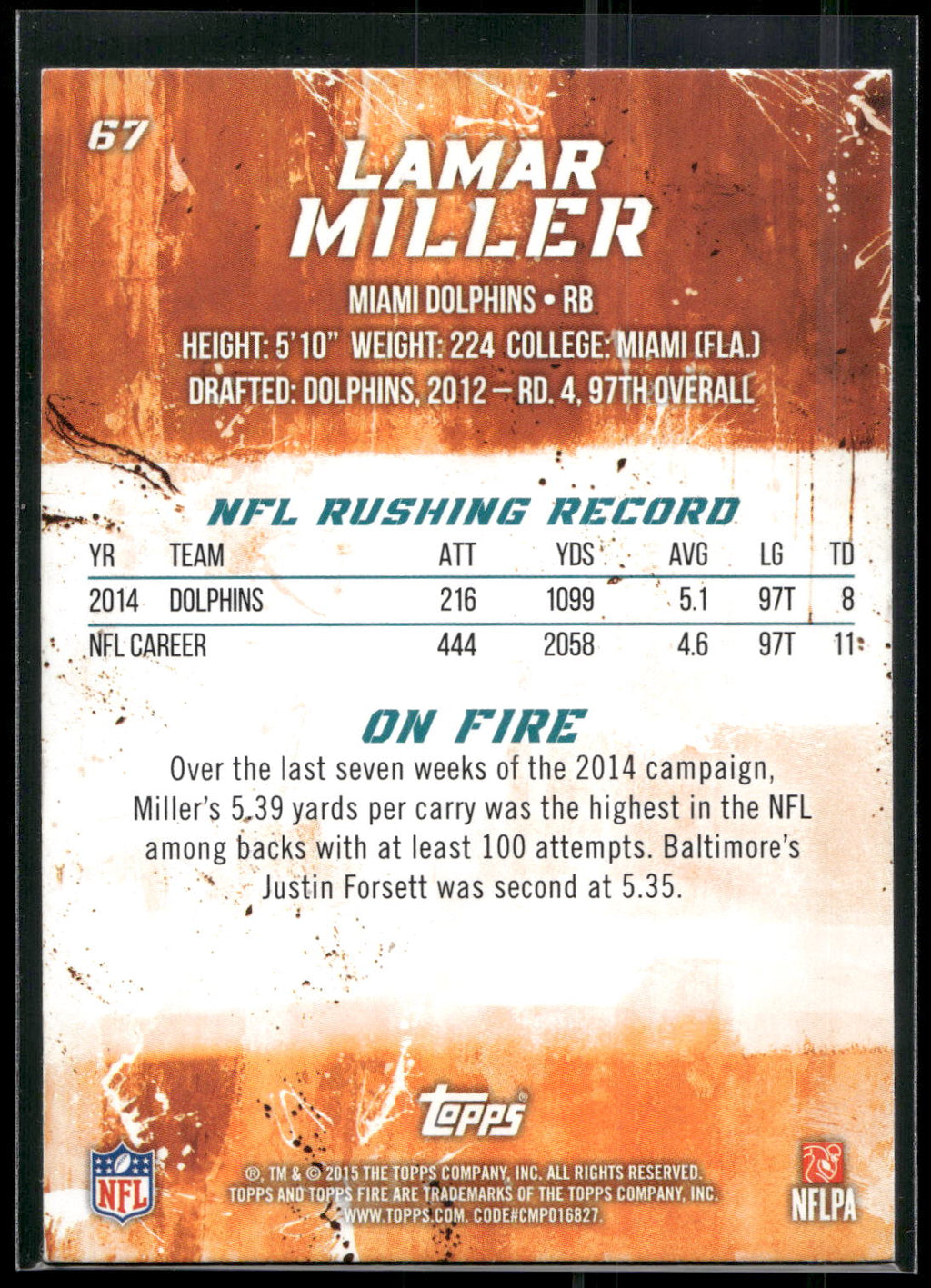 2015 Topps Fire #67 Lamar Miller