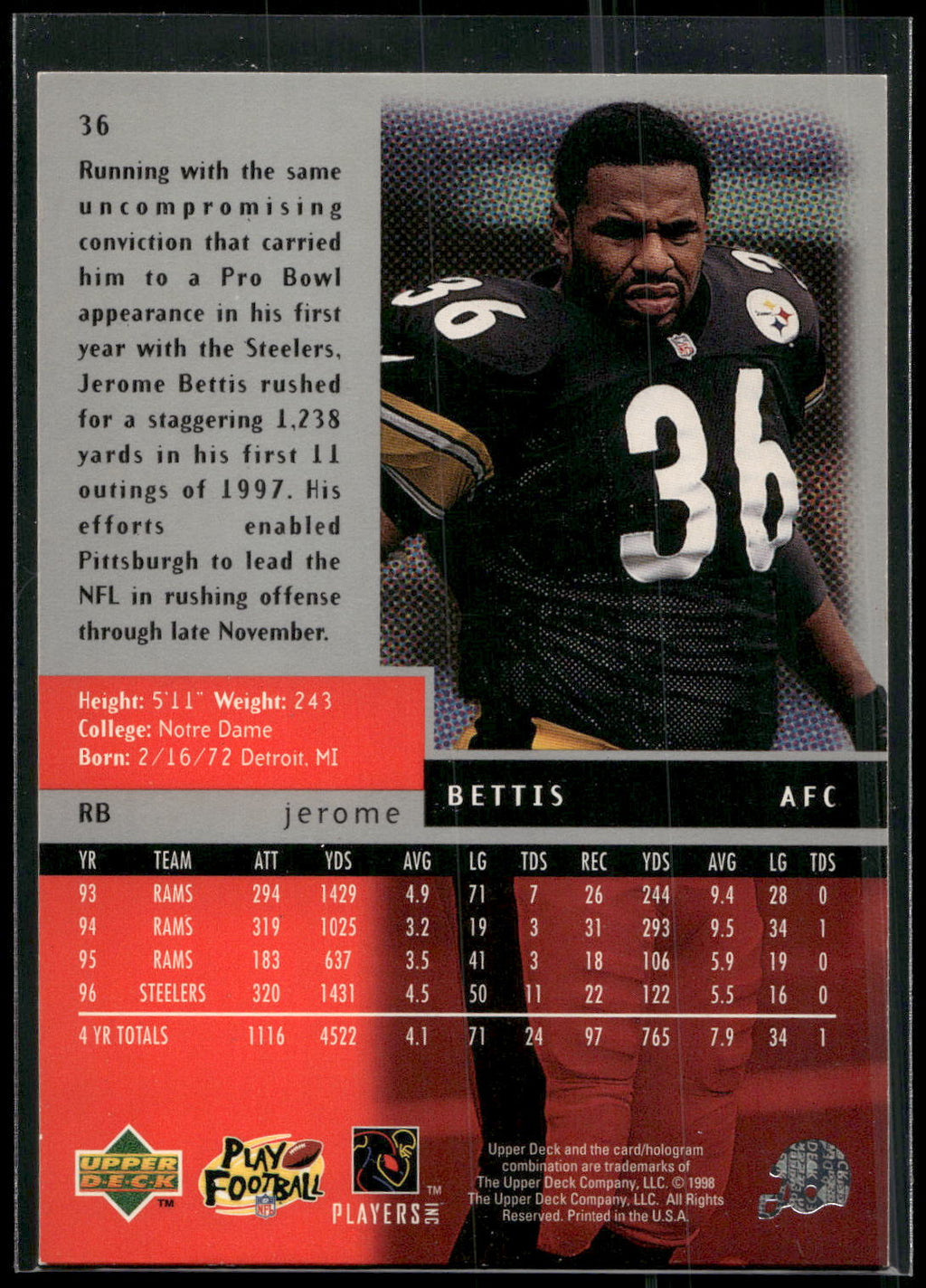 1998 Upper Deck Black Diamond #36 Jerome Bettis