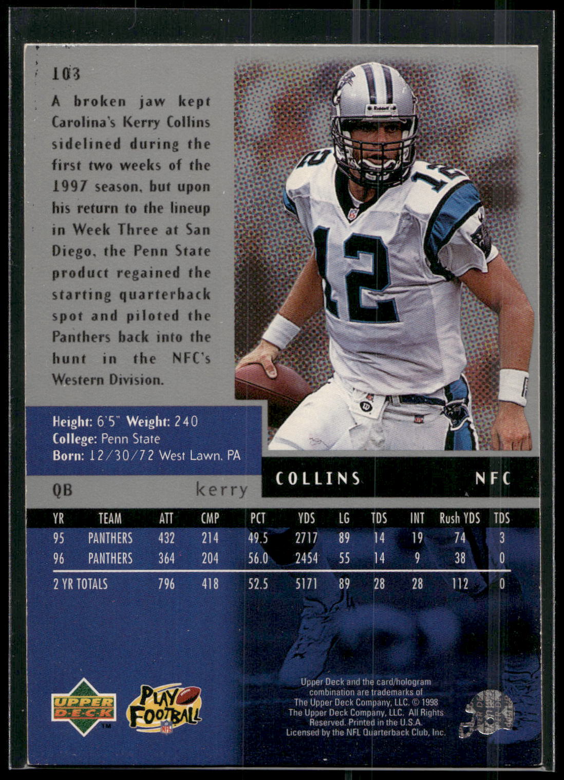1998 Upper Deck Black Diamond #103 Kerry Collins