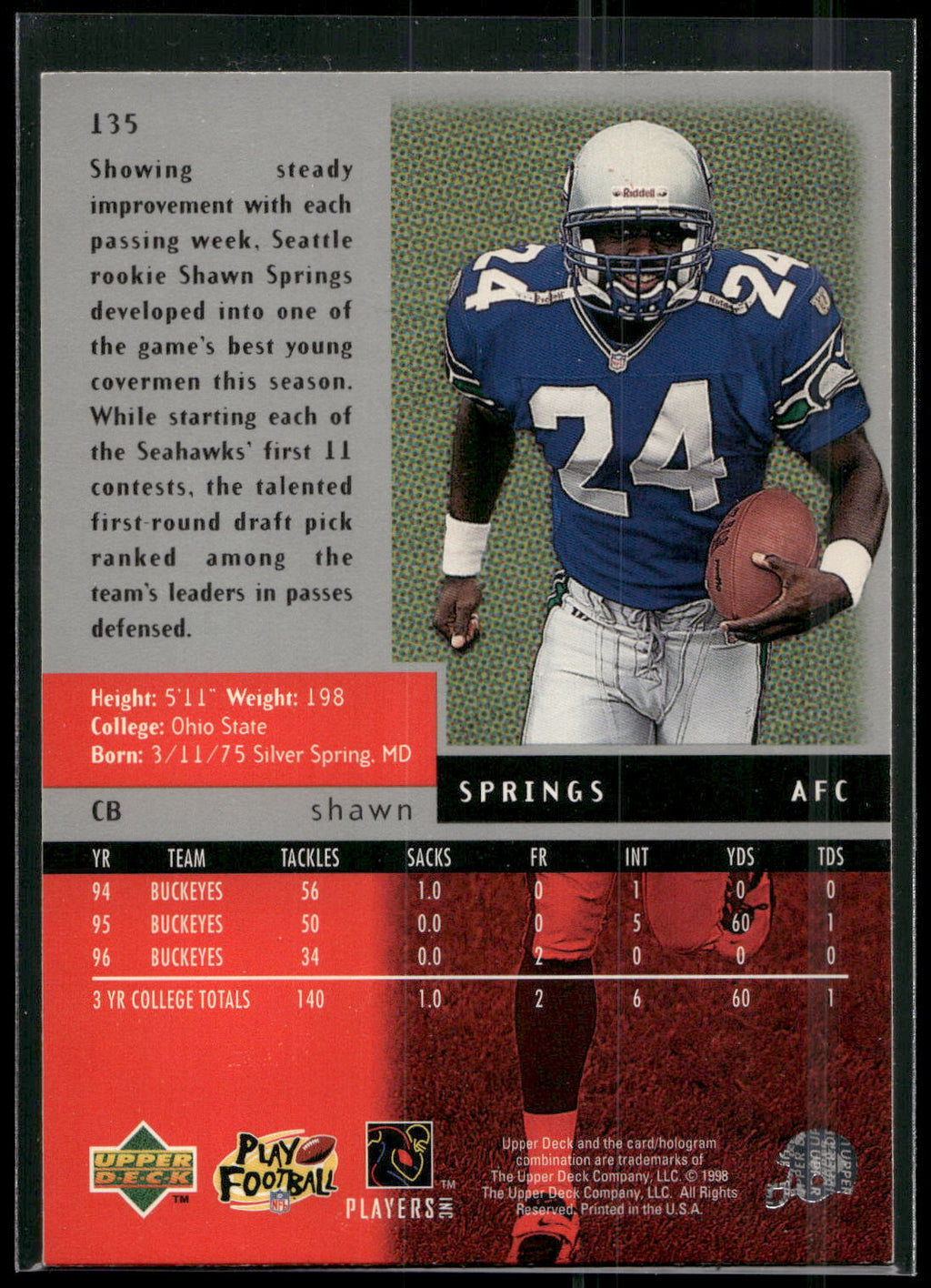 1998 Upper Deck Black Diamond #135 Shawn Springs