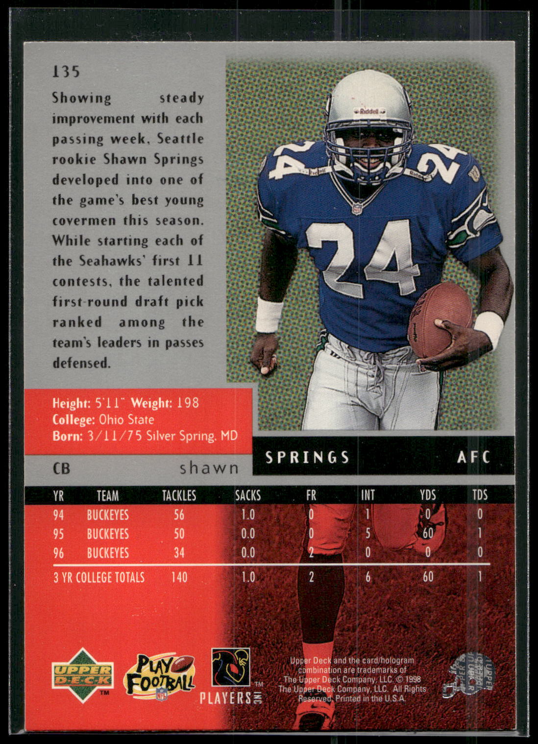 1998 Upper Deck Black Diamond #135 Shawn Springs