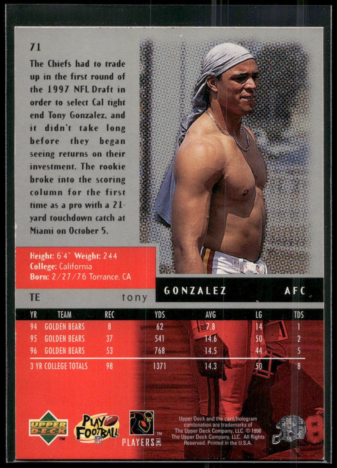 1998 Upper Deck Black Diamond #71 Tony Gonzalez