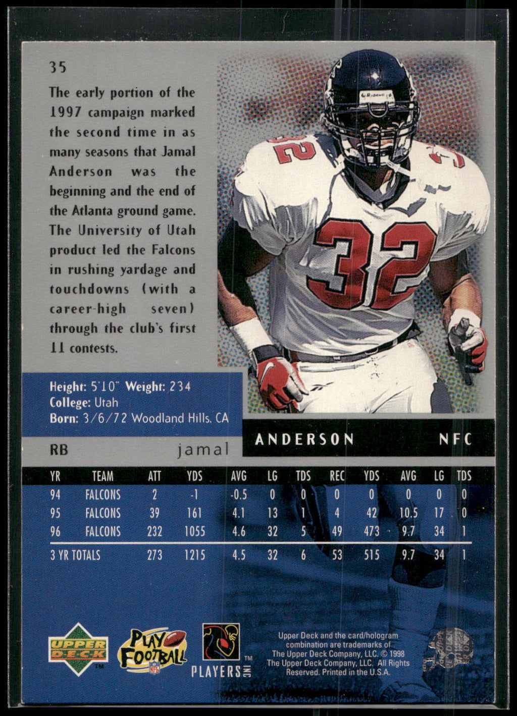1998 Upper Deck Black Diamond #35 Jamal Anderson