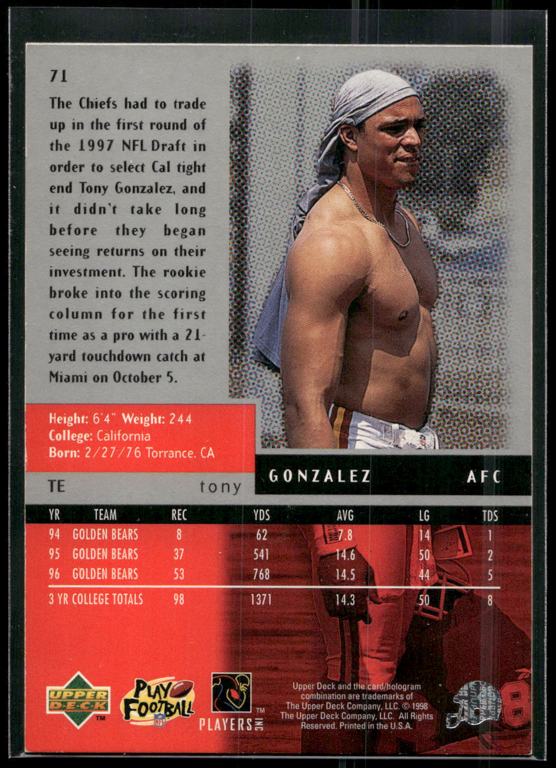 1998 Upper Deck Black Diamond #71 Tony Gonzalez