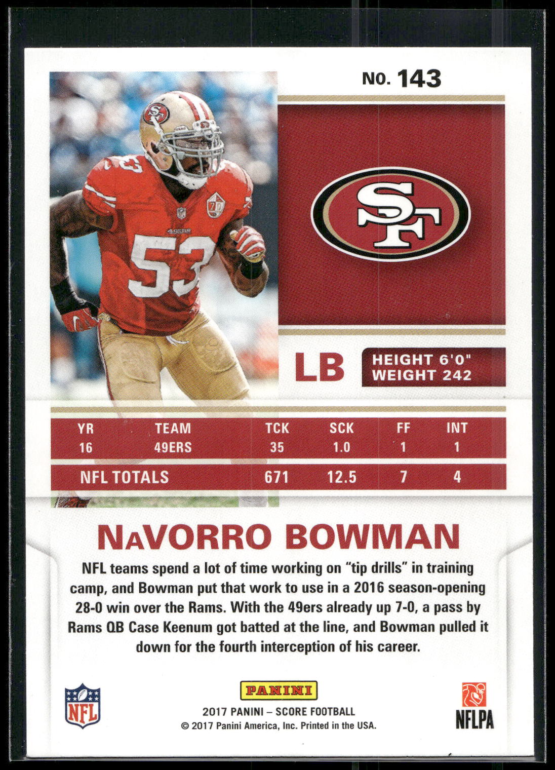 2017 Score #143 Navorro Bowman