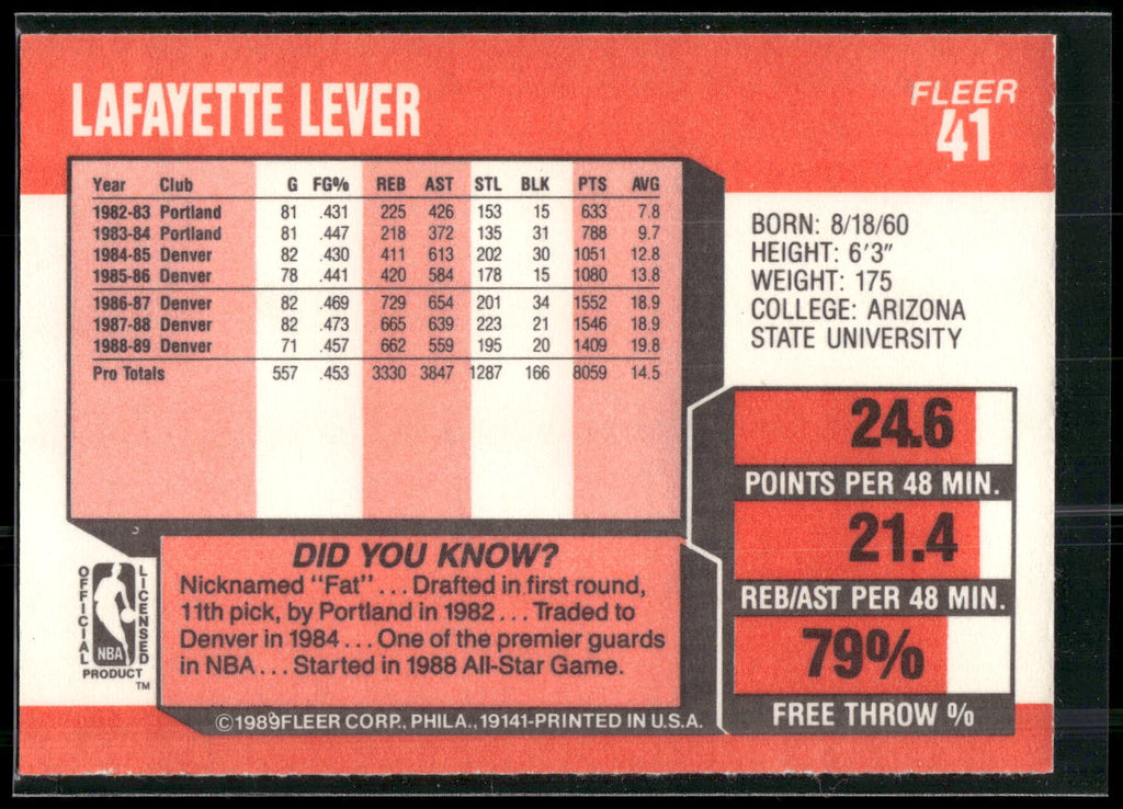 1989-90 Fleer #41 Lafayette Lever