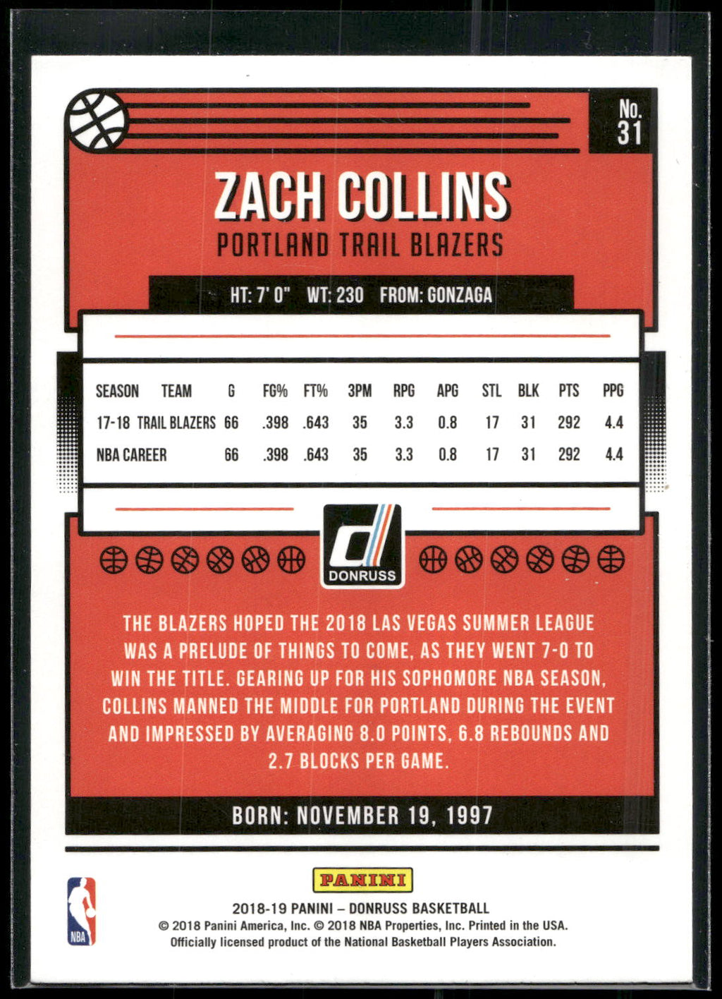 2018-19 Donruss #31 Zach Collins