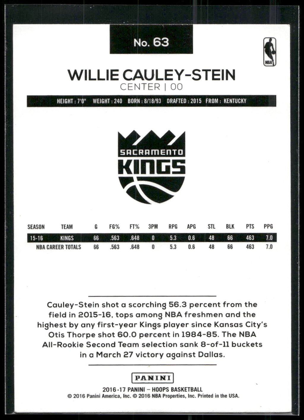 2016-17 Hoops #63 Willie Cauley-Stein