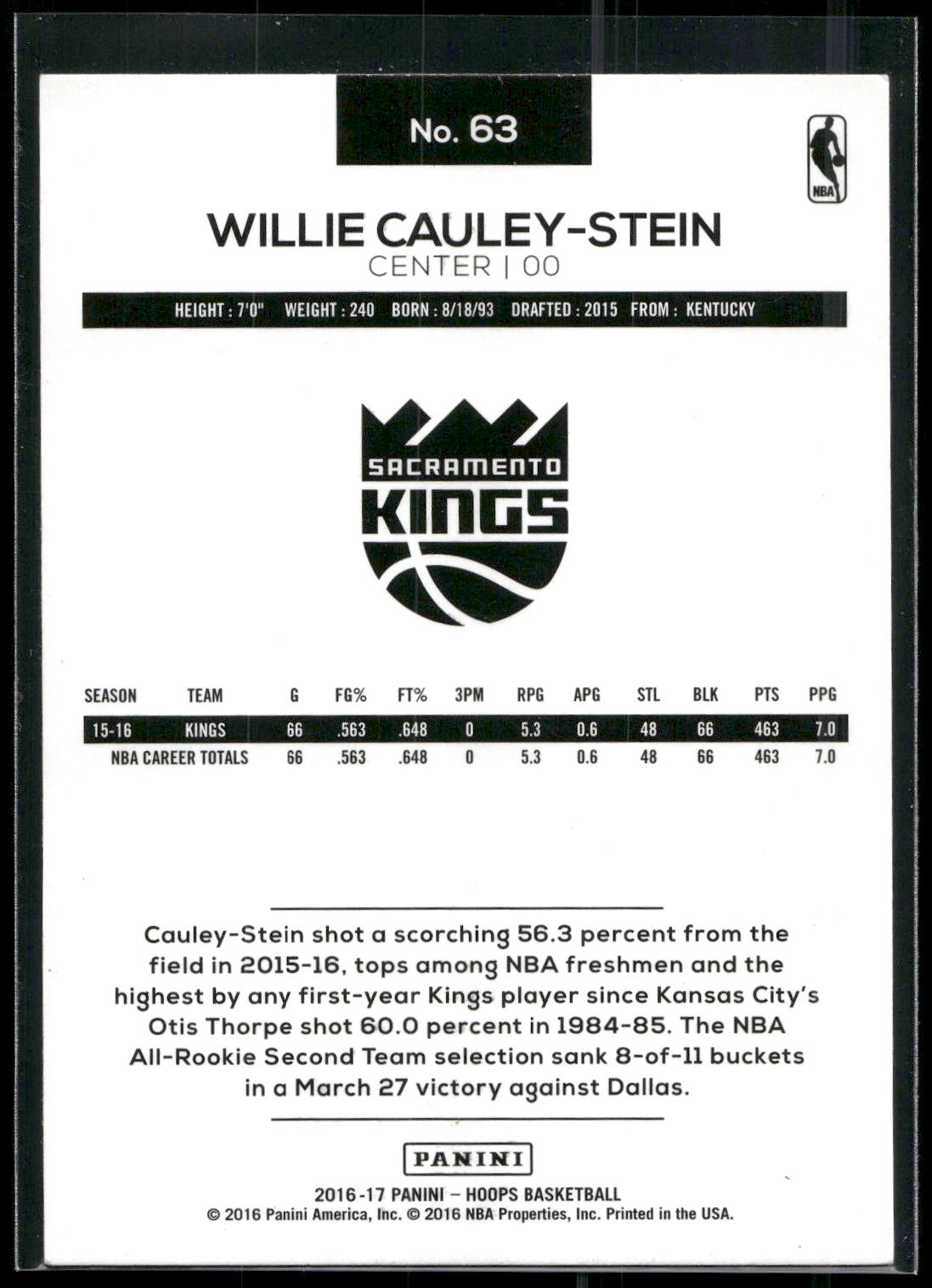 2016-17 Hoops #63 Willie Cauley-Stein