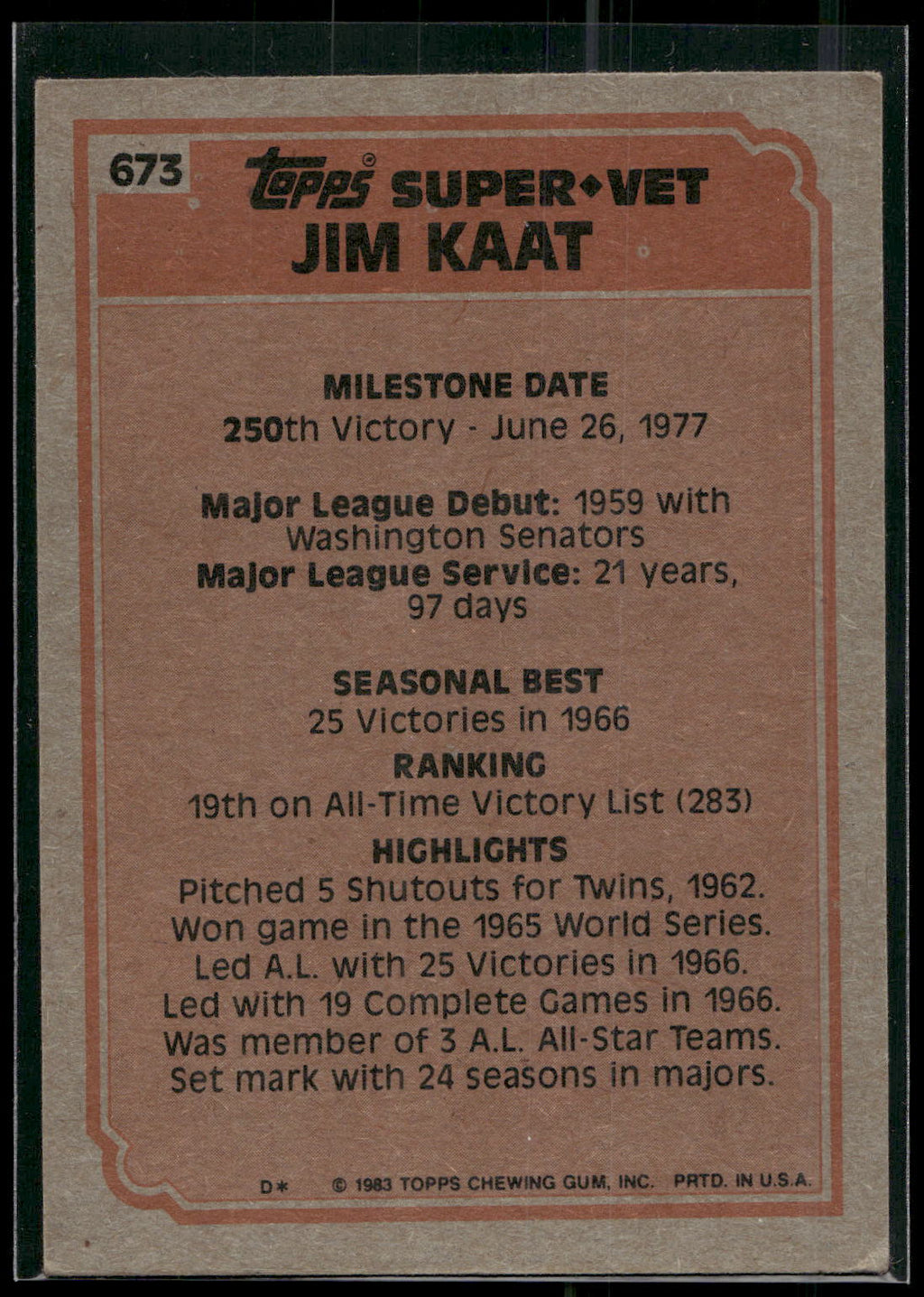 1983 Topps #673 Jim Kaat
