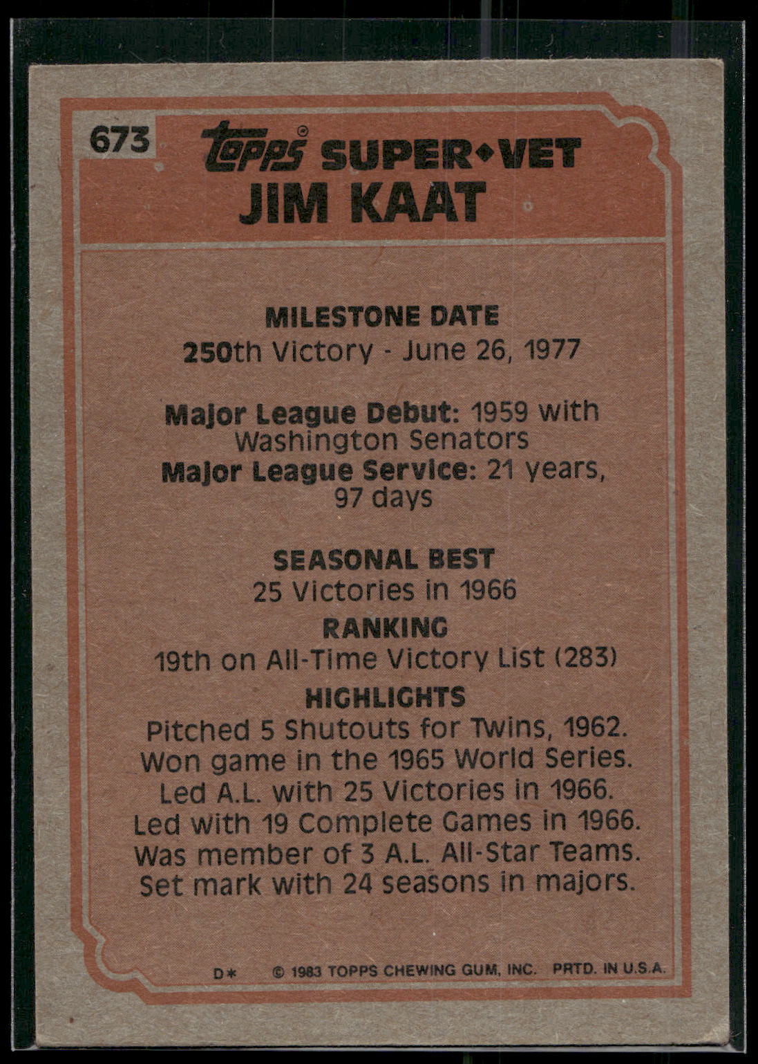 1983 Topps #673 Jim Kaat