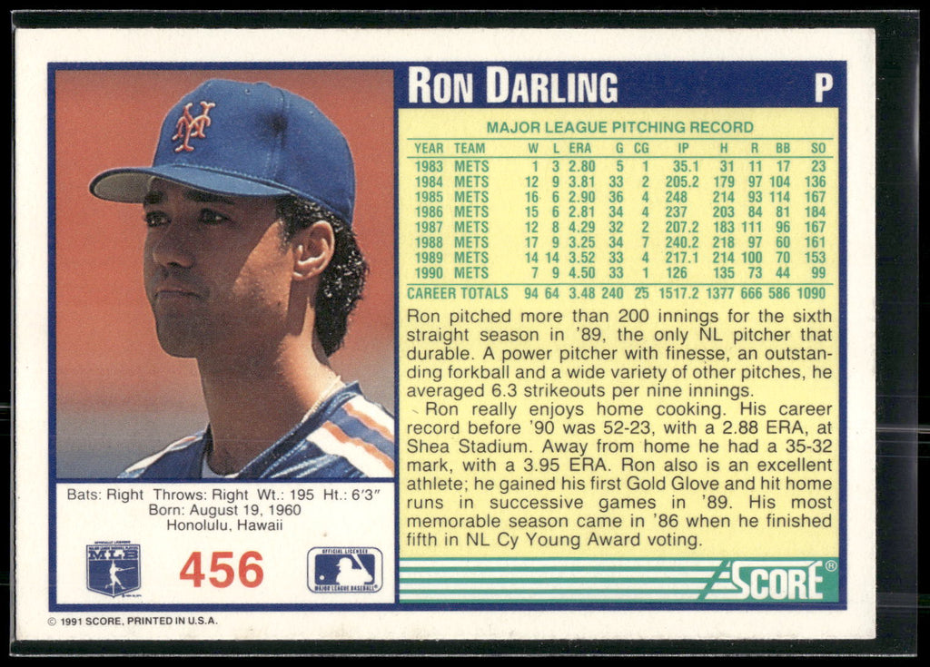 1991 Score #456 Ron Darling