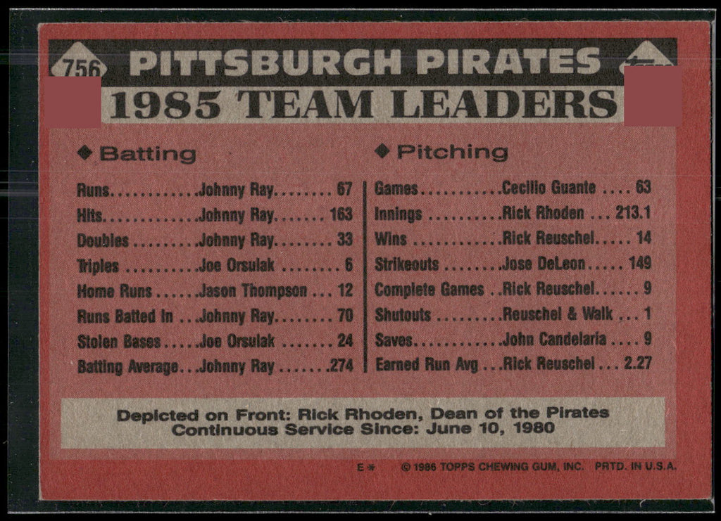 1986 Topps #756 Pirates Leaders