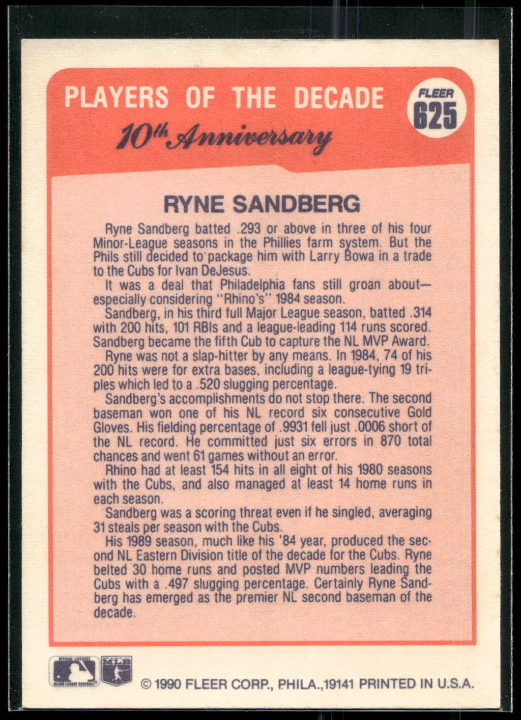 1990 Fleer #625 Ryne Sandberg