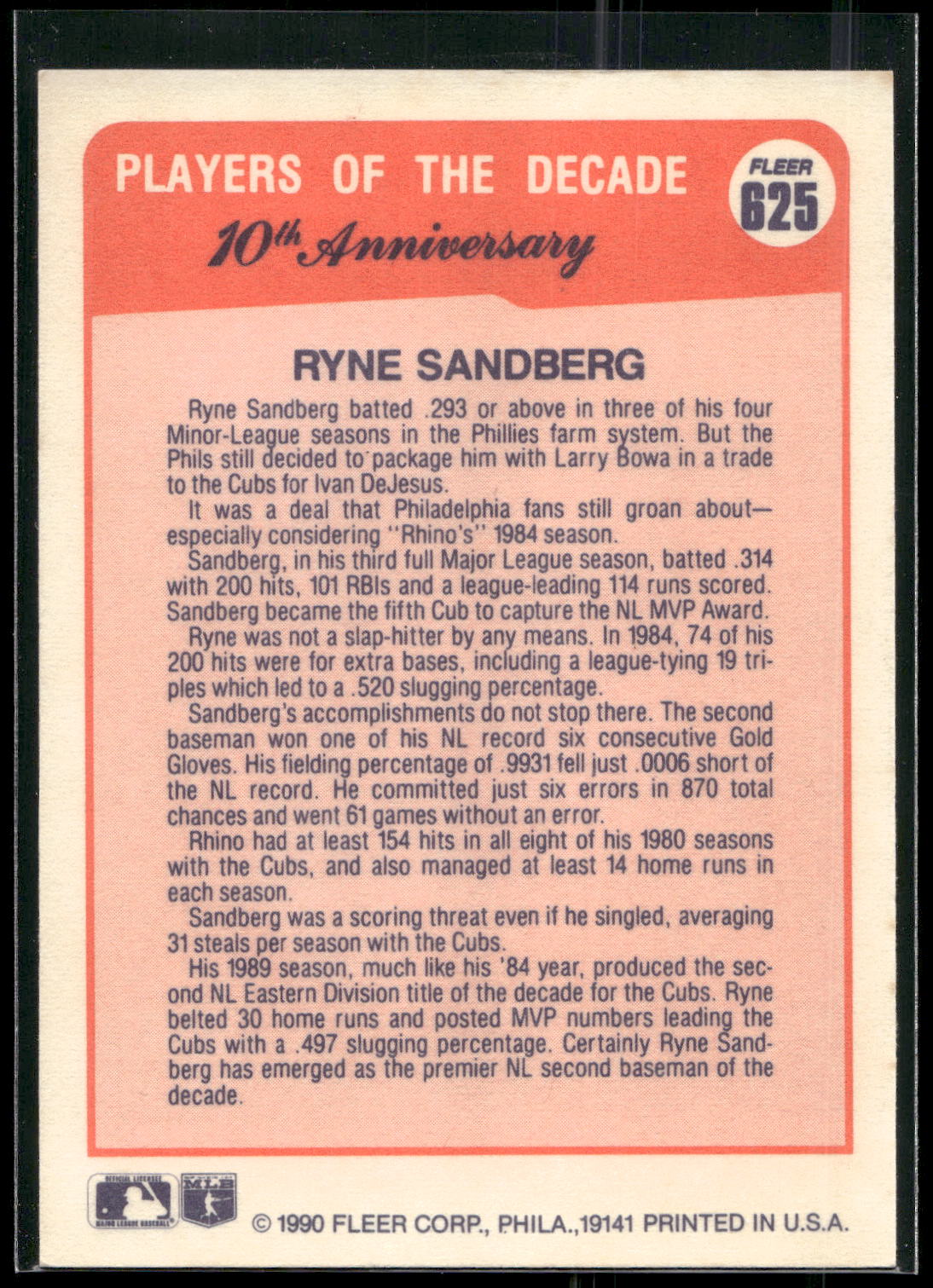 1990 Fleer #625 Ryne Sandberg