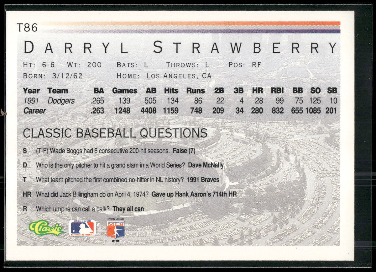 1992 Classic I #T86 Darryl Strawberry