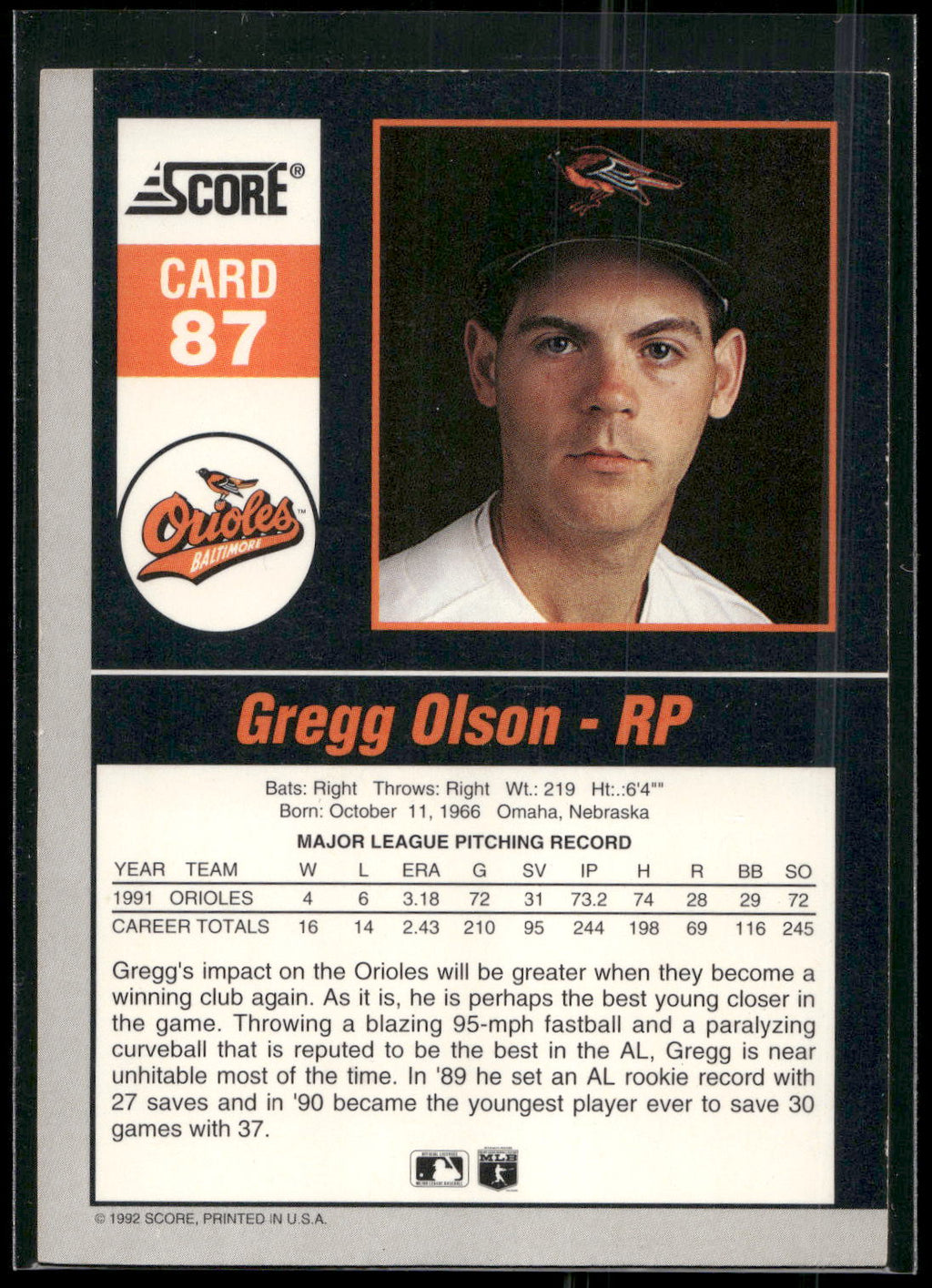 1992 Score #87 Gregg Olson 90's Impact Players
