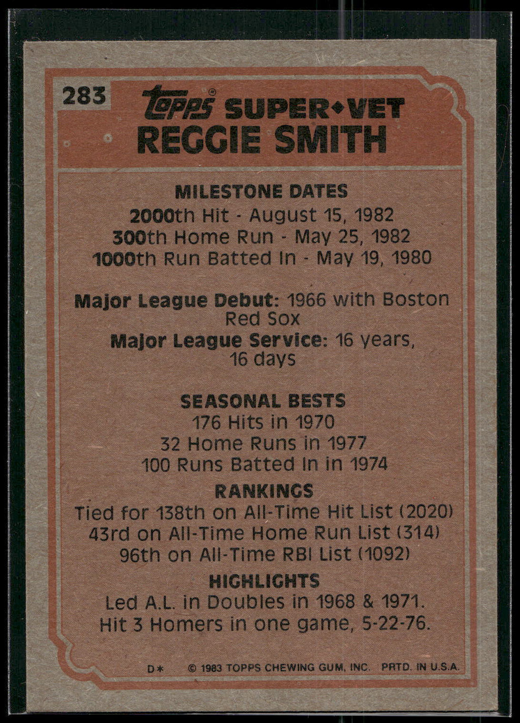 1983 Topps #283 Reggie Smith