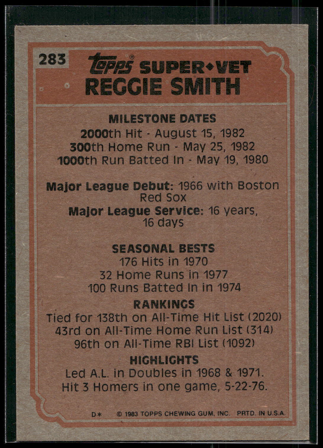 1983 Topps #283 Reggie Smith