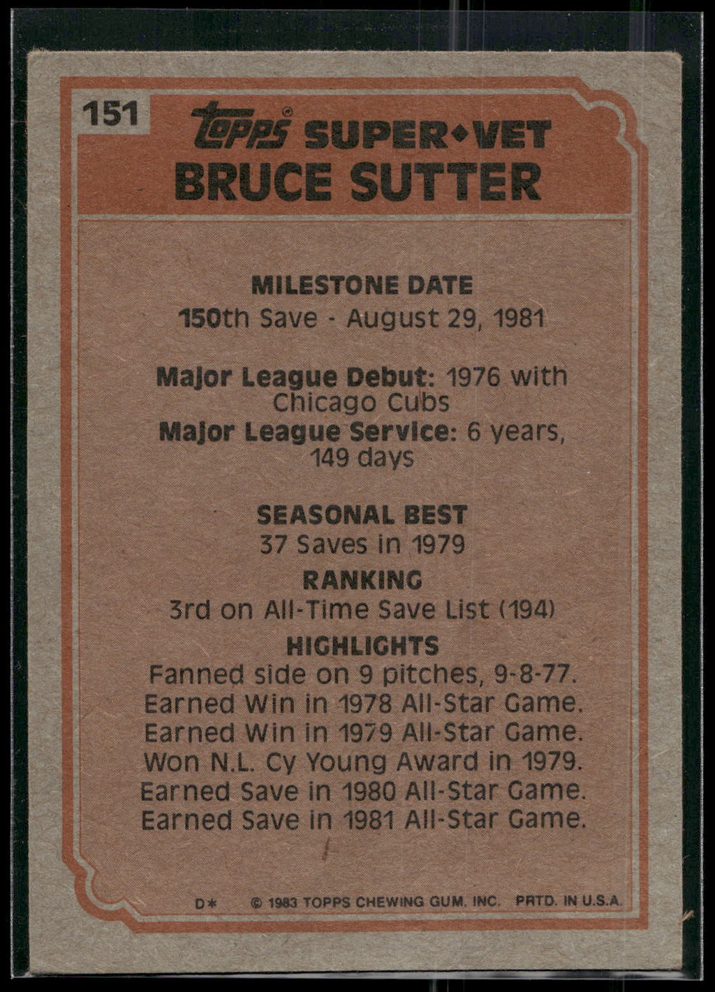 1983 Topps #151 Bruce Sutter