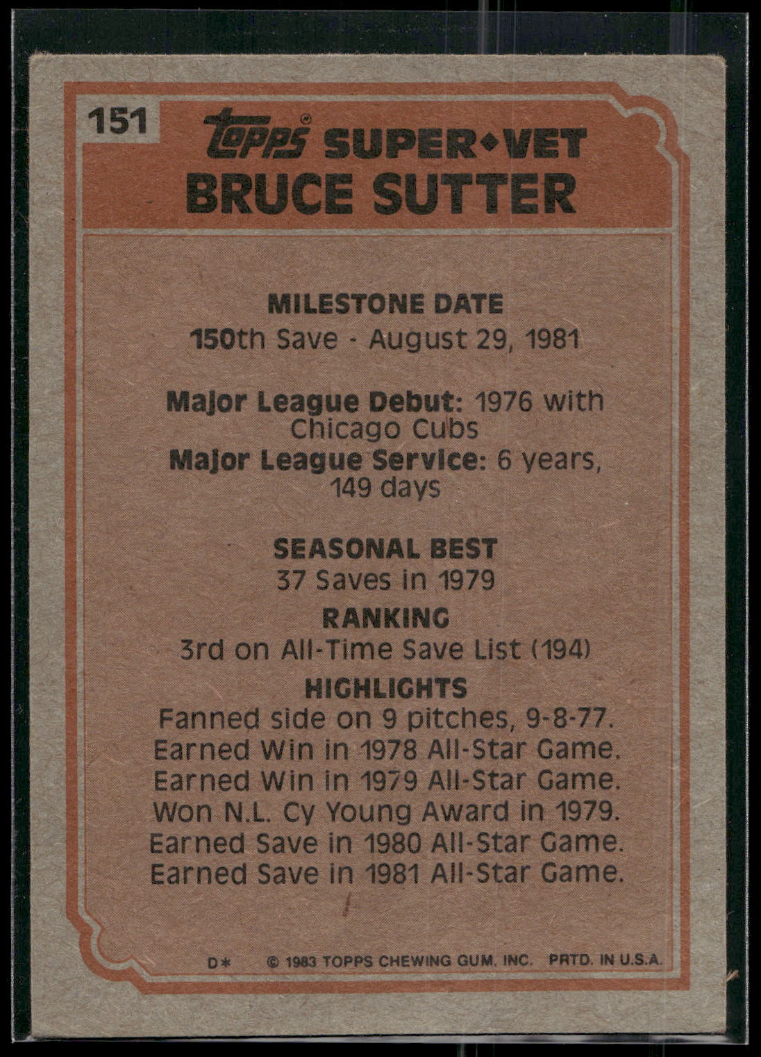 1983 Topps #151 Bruce Sutter