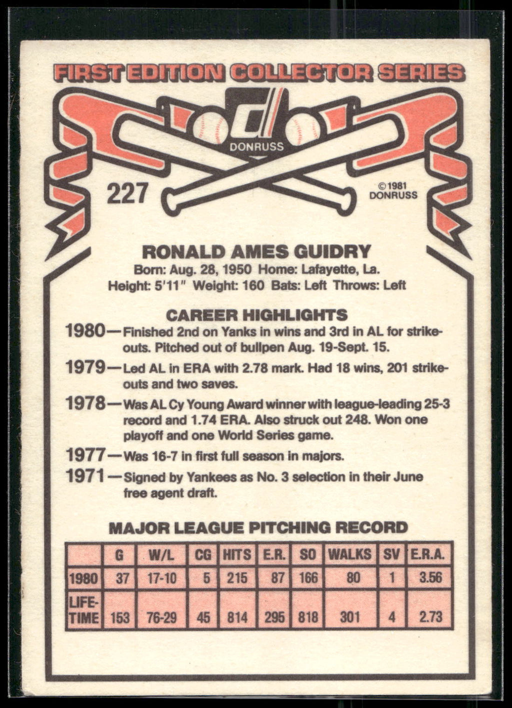 1981 Donruss #227 Ron Guidry