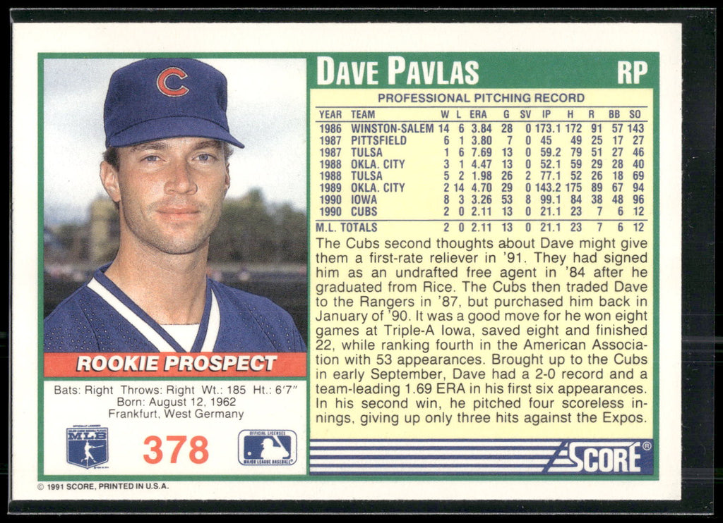 1991 Score #378 Dave Pavlas