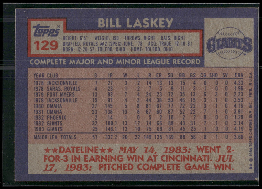 1984 Topps #129 Bill Laskey