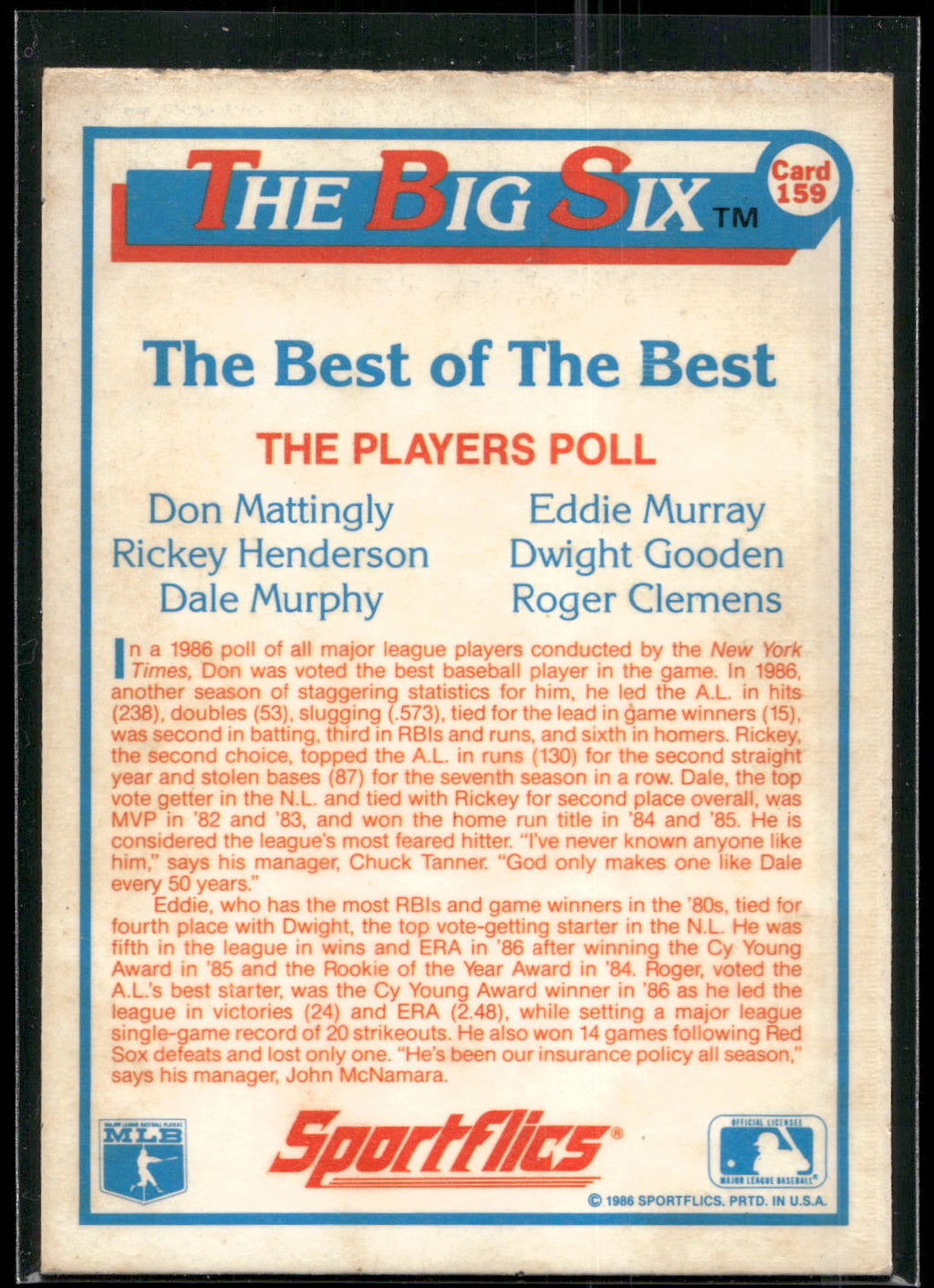 1987 Sportflics #159 Mattingly / Clemens / Henderson / Murphy / Murray / Gooden