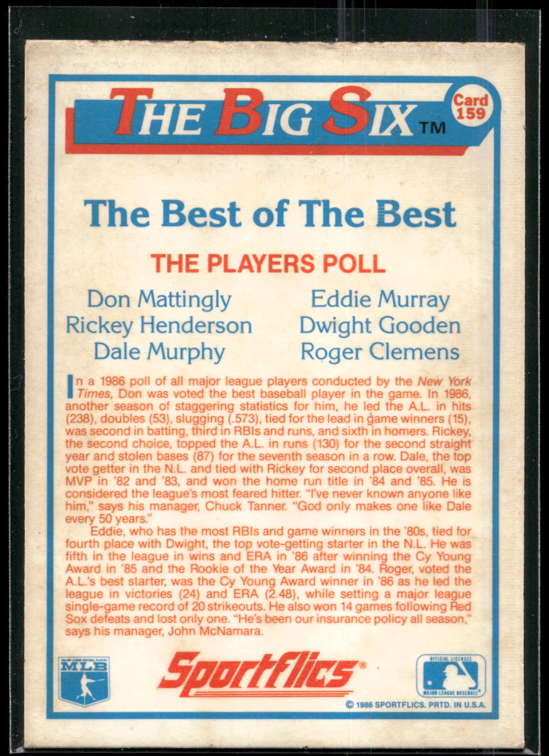 1987 Sportflics #159 Mattingly / Clemens / Henderson / Murphy / Murray / Gooden