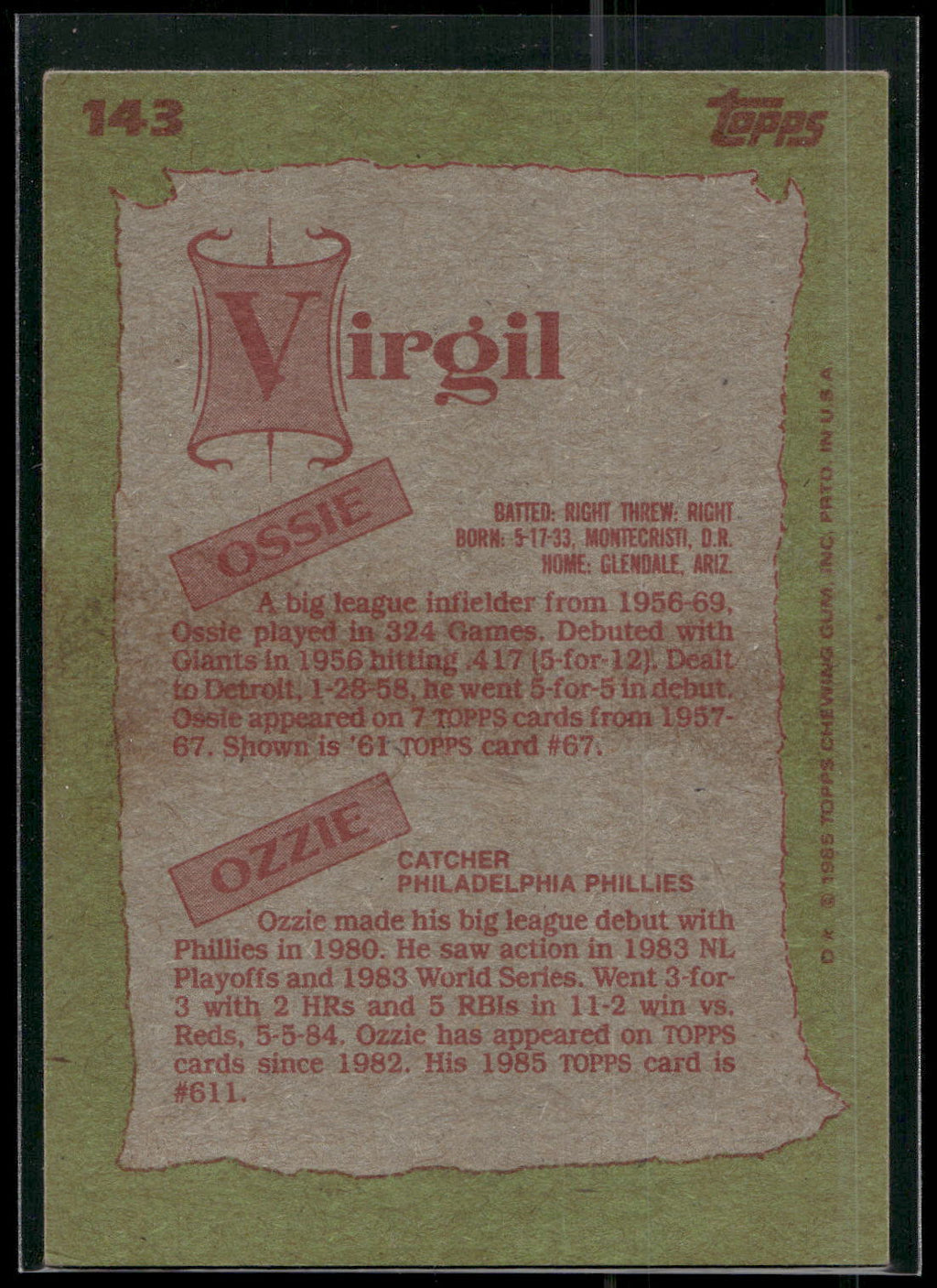 1985 Topps #143 Ossie Virgil / Ozzie Virgil F&amp;S