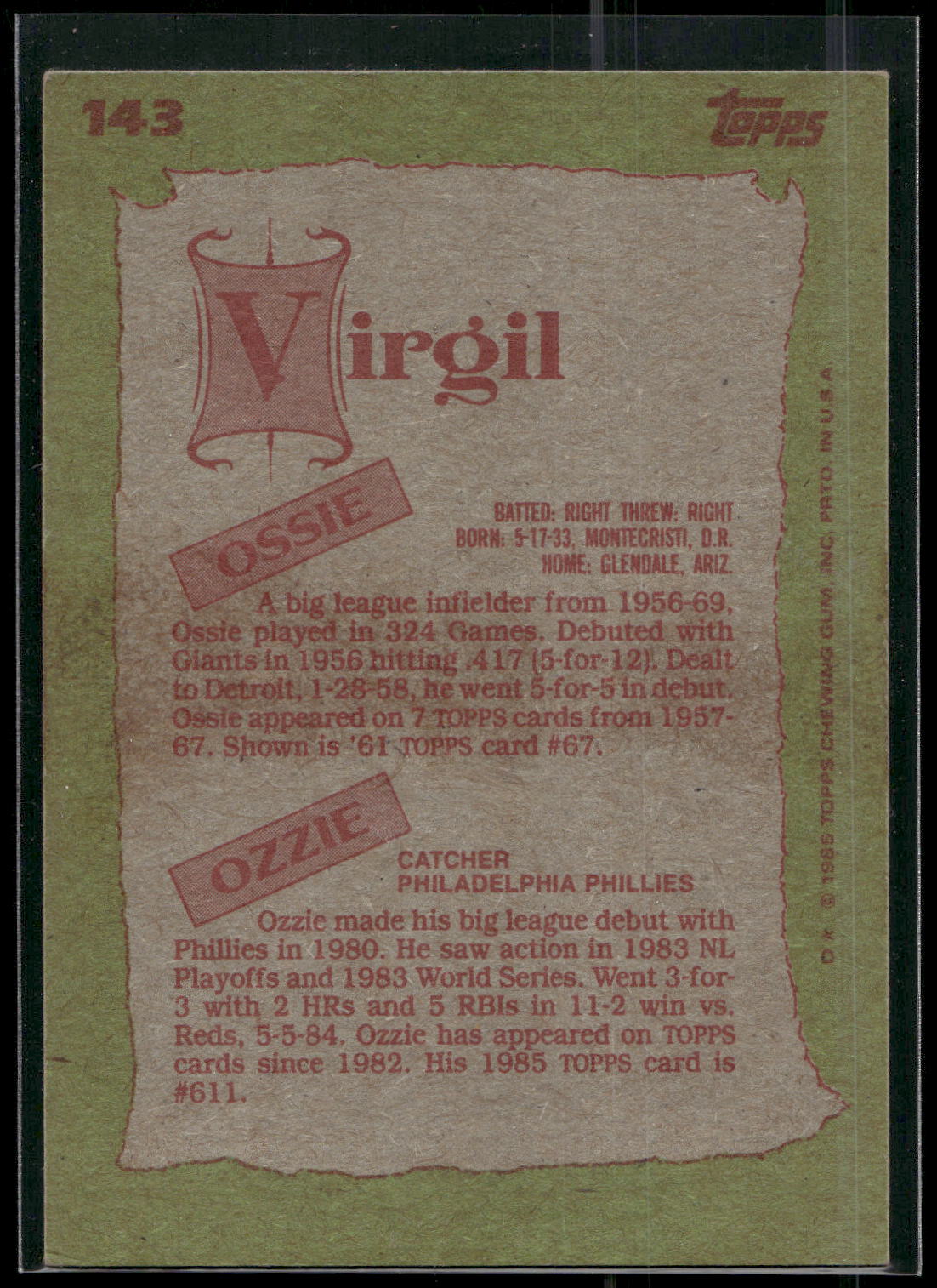 1985 Topps #143 Ossie Virgil / Ozzie Virgil F&amp;S