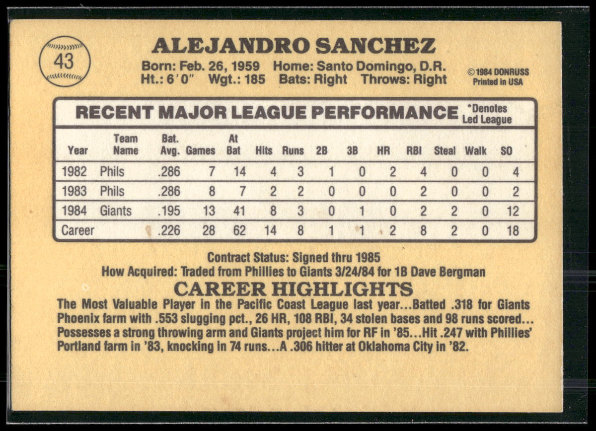 1985 Donruss #43 Alejandro Sanchez