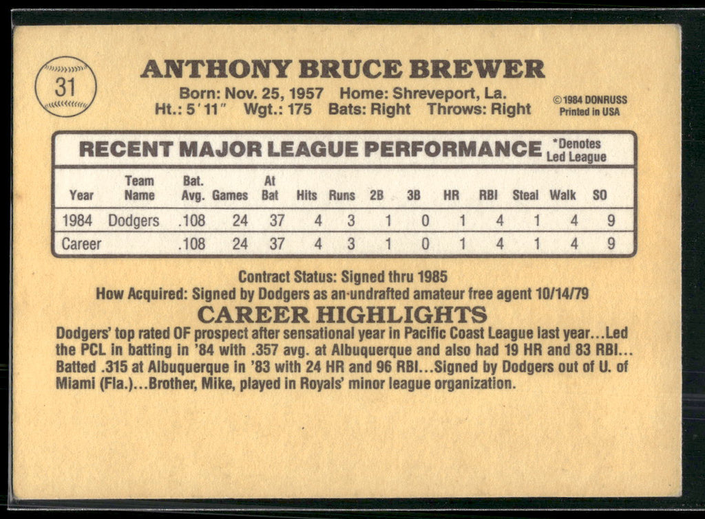 1985 Donruss #31 Tony Brewer