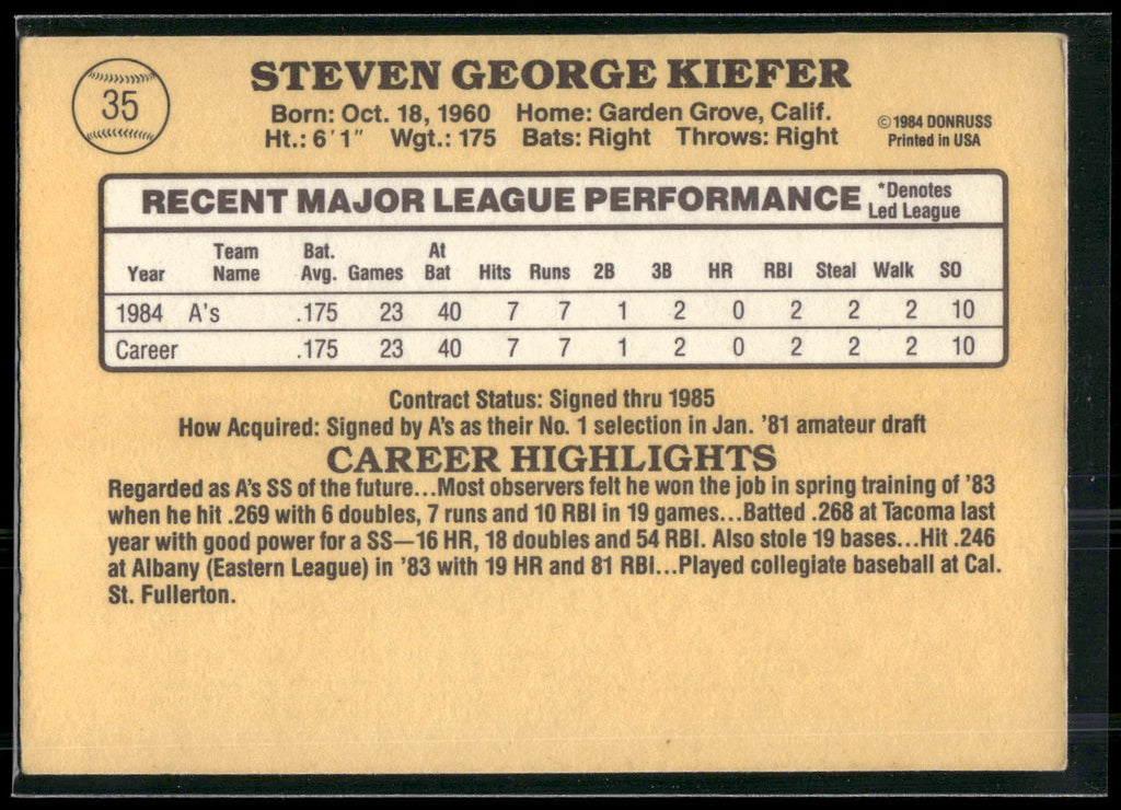 1985 Donruss #35 Steve Kiefer