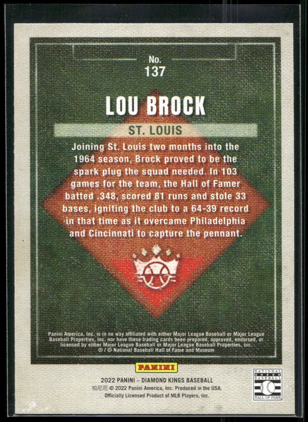 2022 Panini Diamond Kings #137 Lou Brock Artist's Proof Blue