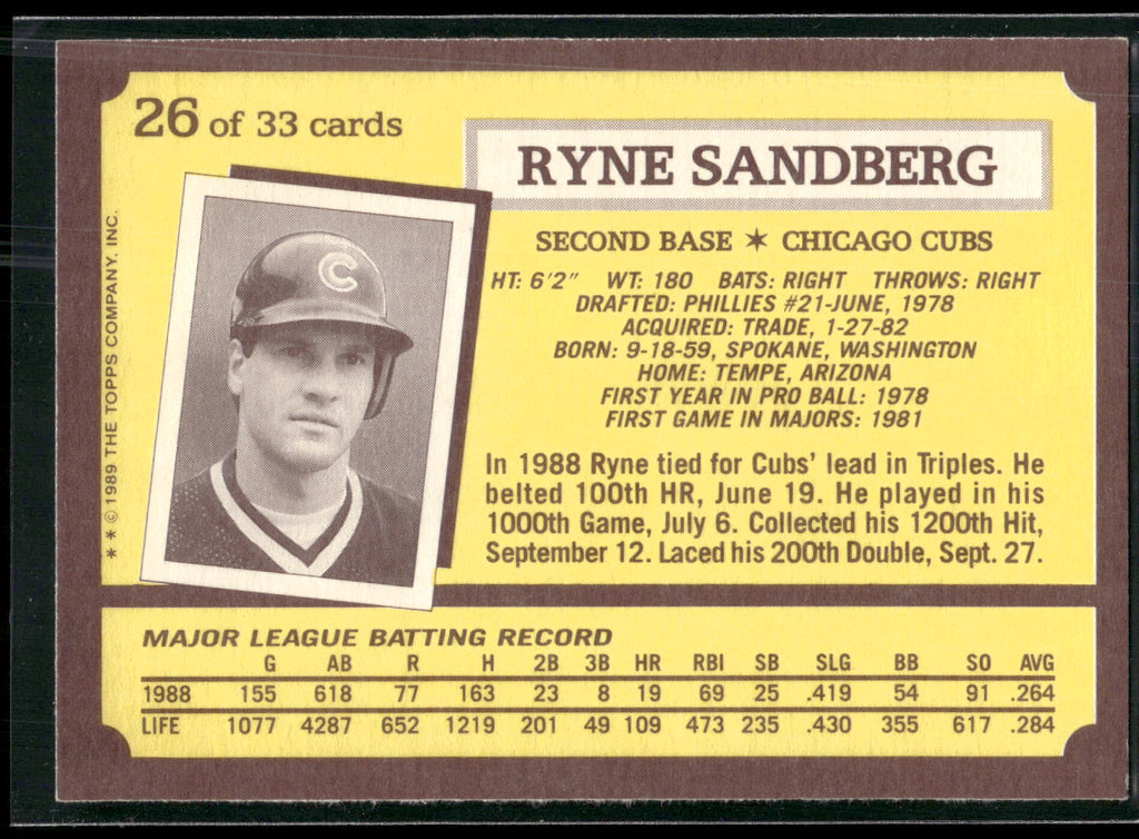 1989 Topps Kay-Bee Superstars of Baseball #26 Ryne Sandberg