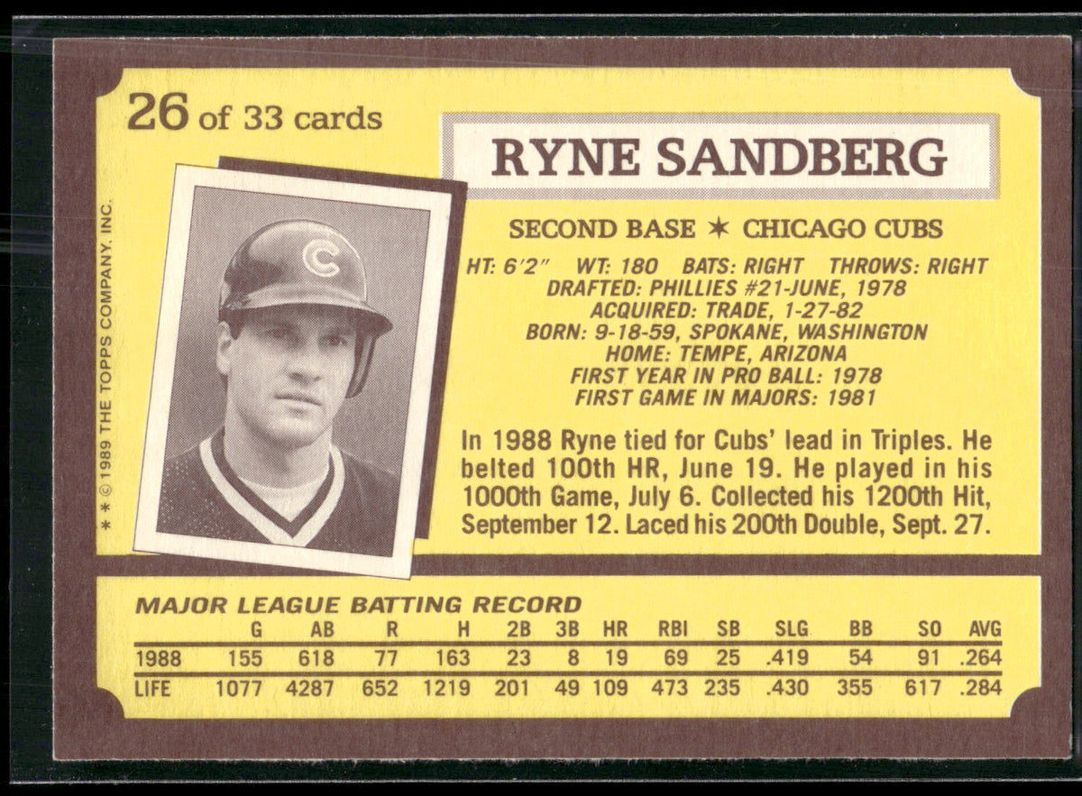 1989 Topps Kay-Bee Superstars of Baseball #26 Ryne Sandberg