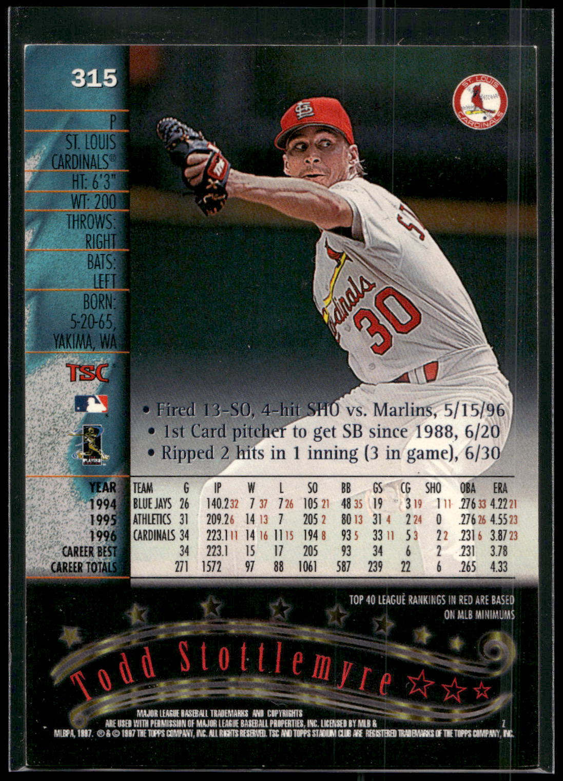 1997 Stadium Club #315 Todd Stottlemyre