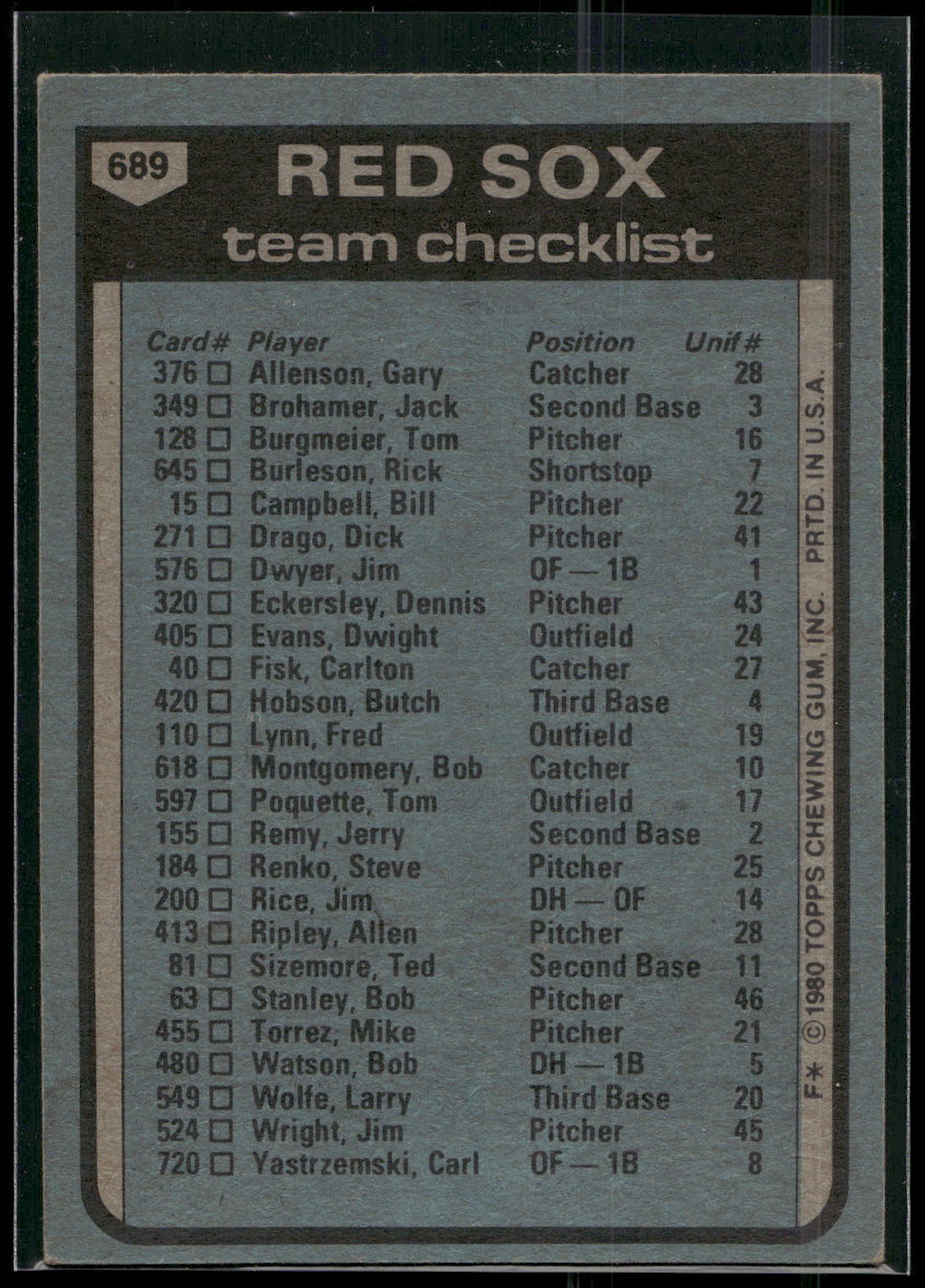 1980 Topps #689 Boston Red Sox / Don Zimmer