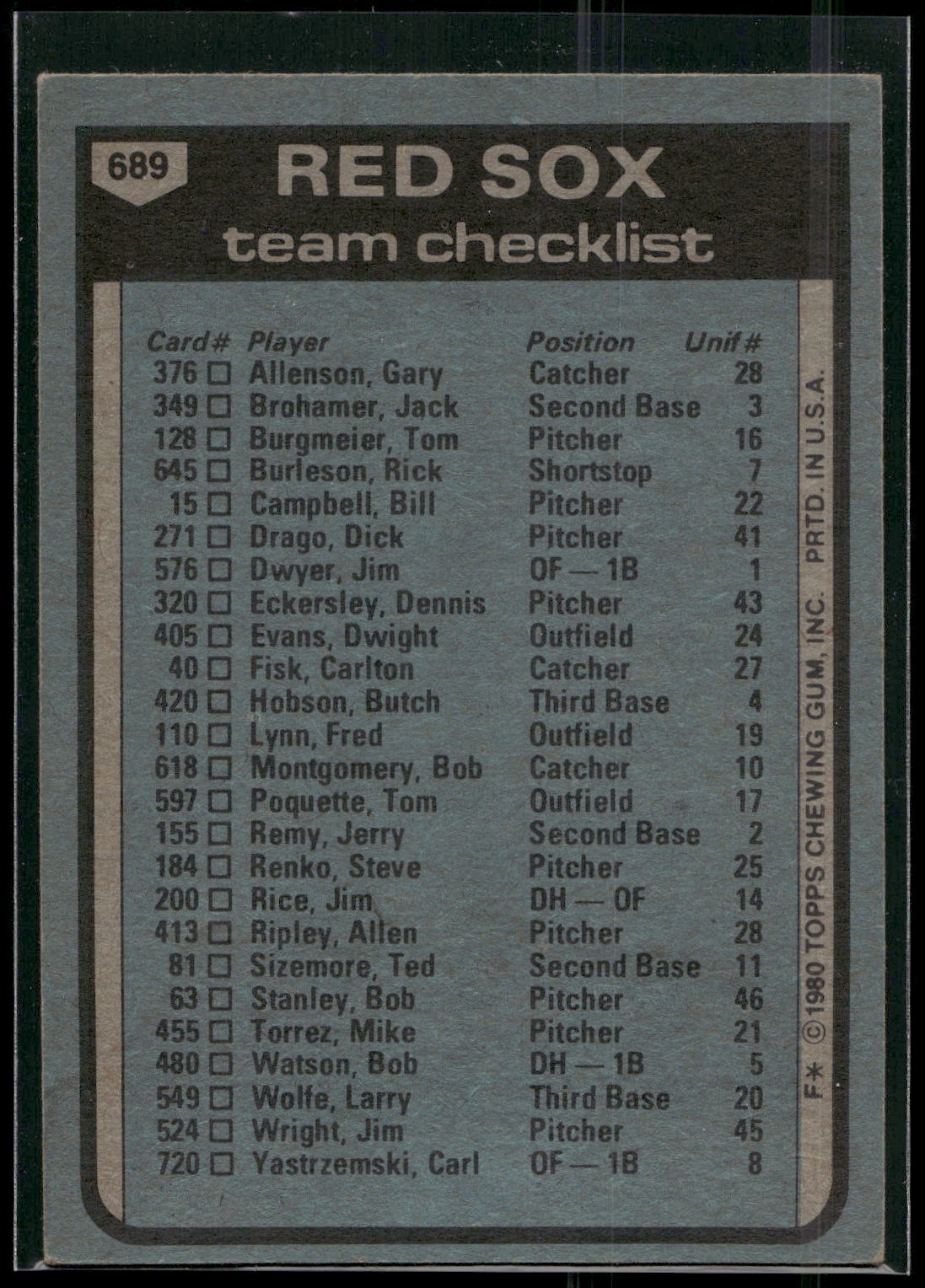1980 Topps #689 Boston Red Sox / Don Zimmer