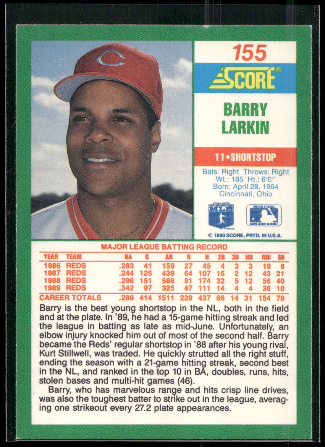 1990 Score #155 Barry Larkin