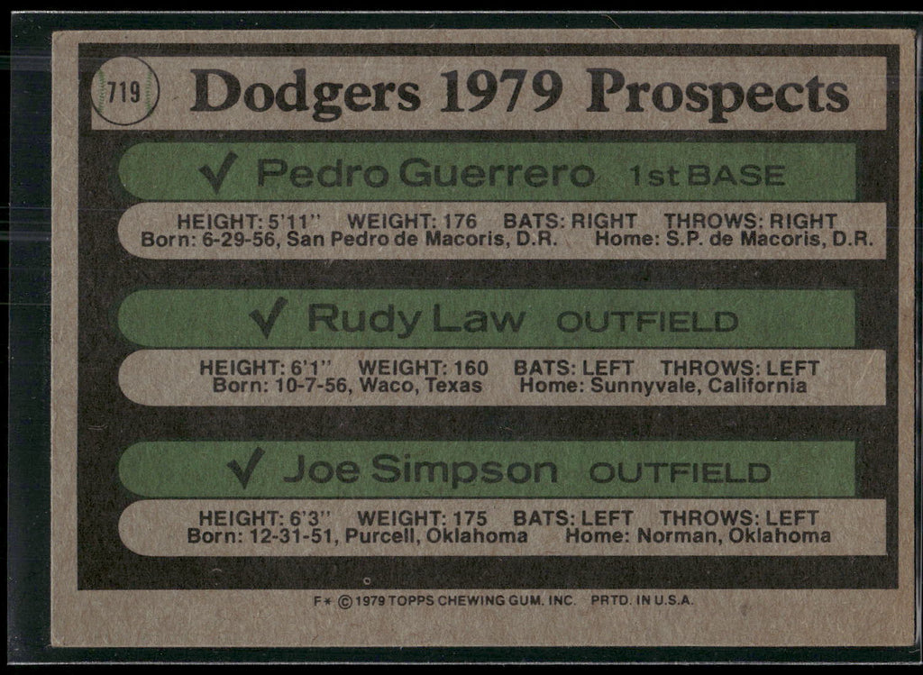 1979 Topps #719 Dodgers 1979 Prospects (Pedro Guerrero / Rudy Law / Joe Simpson
