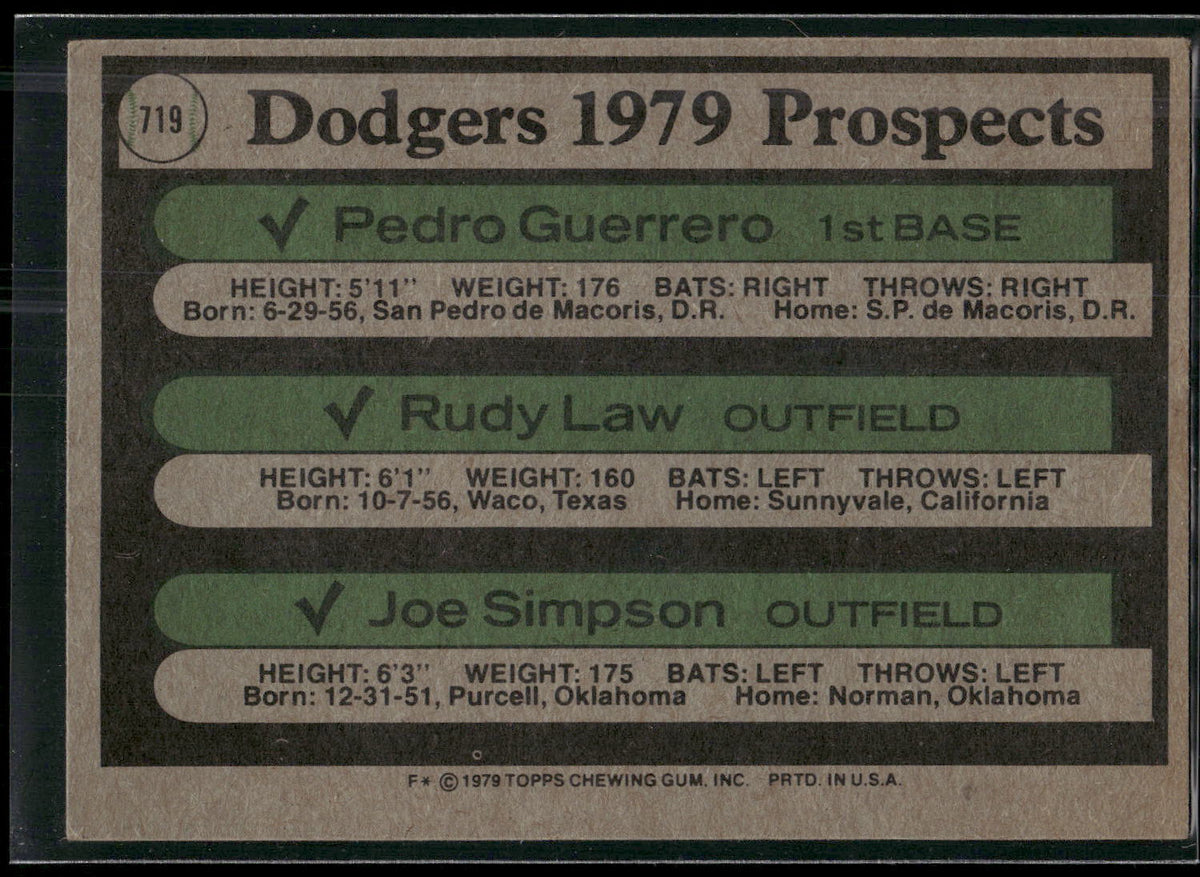 1979 Topps #719 Dodgers 1979 Prospects (Pedro Guerrero / Rudy Law / Joe Simpson