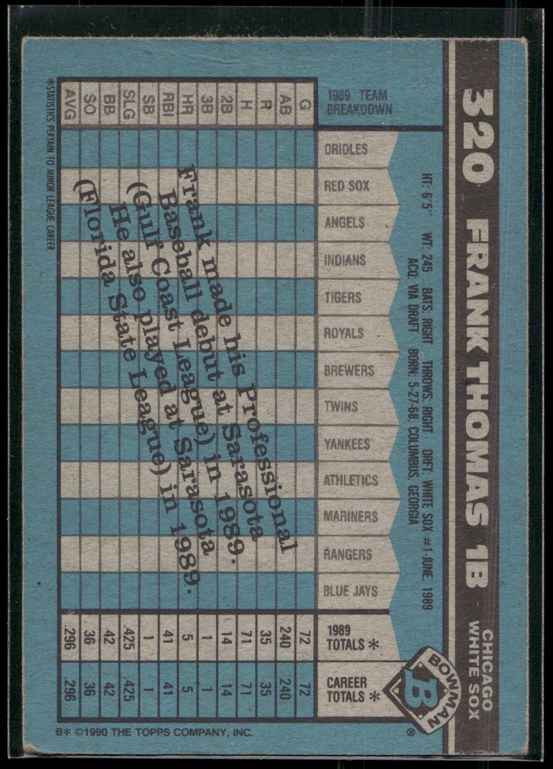 1990 Bowman #320 Frank Thomas