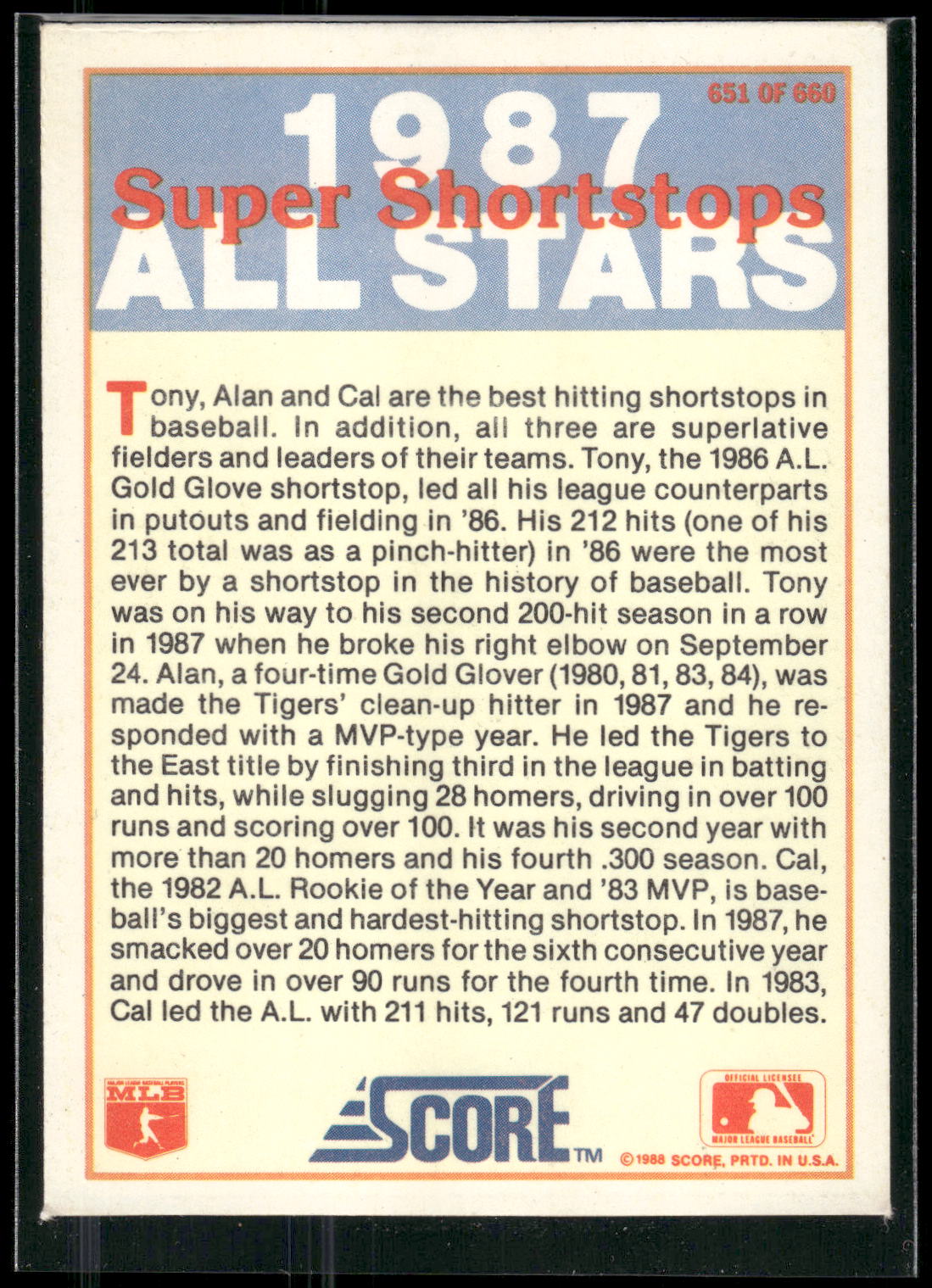 1988 Score #651 Shortstops (Tony Fernandez / Cal Ripken, Jr. / Alan Trammell)