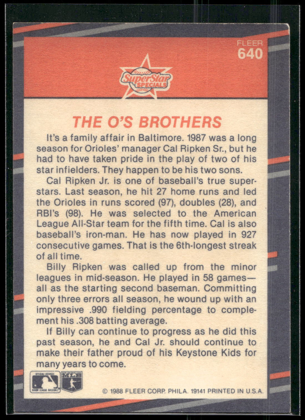 1988 Fleer #640 The "O's" Brothers (Bill Ripken / Cal Ripken, Jr.)