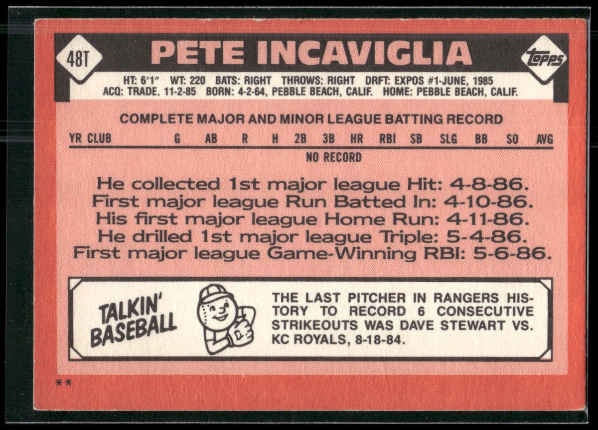 1986 Topps Traded #48T Pete Incaviglia