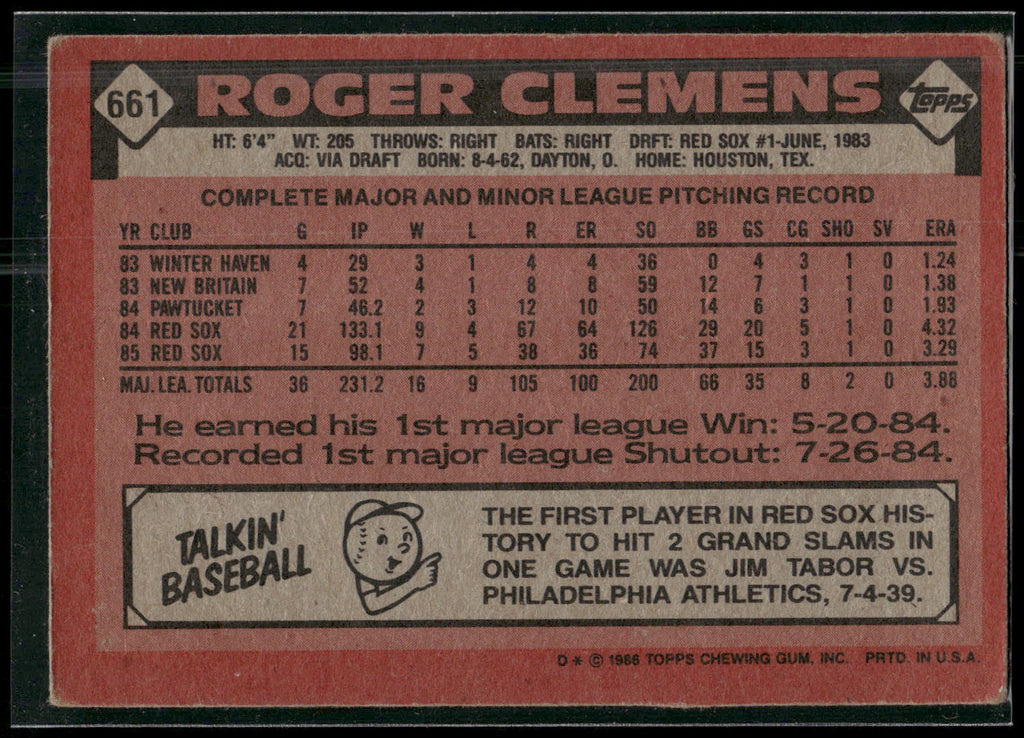 1986 Topps #661 Roger Clemens